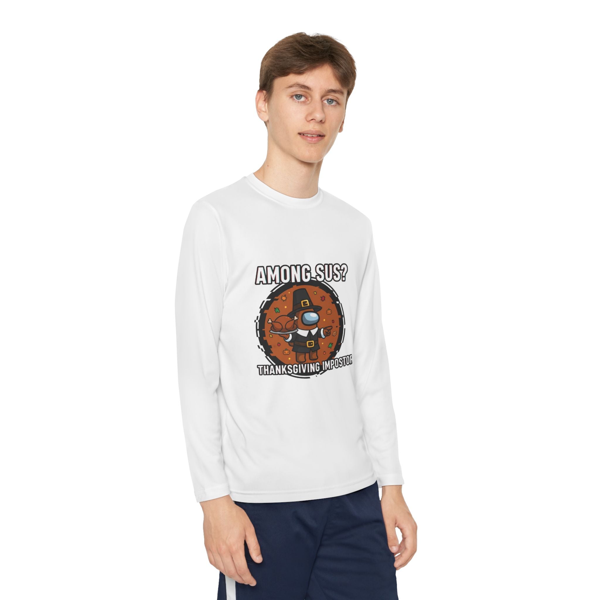 Among Sus? Thanksgiving Impostor Youth Tee, Fun Youth T-Shirt, Gamer Apparel for Kids, Long Sleeve Graphic Tee, Funny Thanksgiving Gift