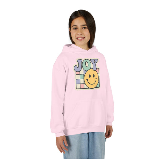 Girls Youth Hoodie – Retro 'JOY' Smiley Graphic Kids Sweatshirt
