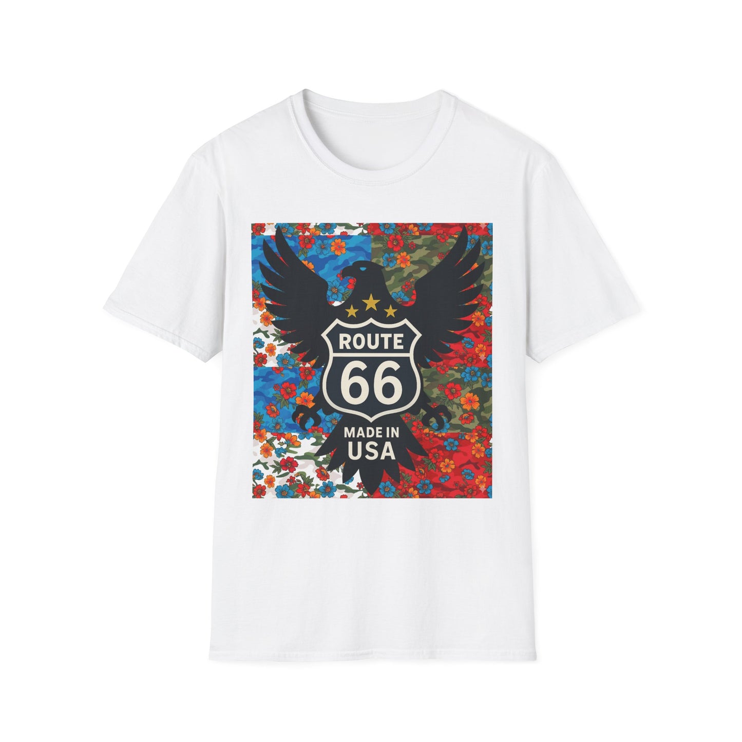 Route 66 Made in USA T-Shirt — Vintage Eagle Floral Roadtrip Tee- camo flower combo T-shirt