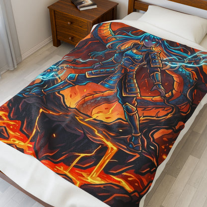 Samurai Sorceress Velveteen Plush Blanket – Fantasy Lava Dragon Art Throw