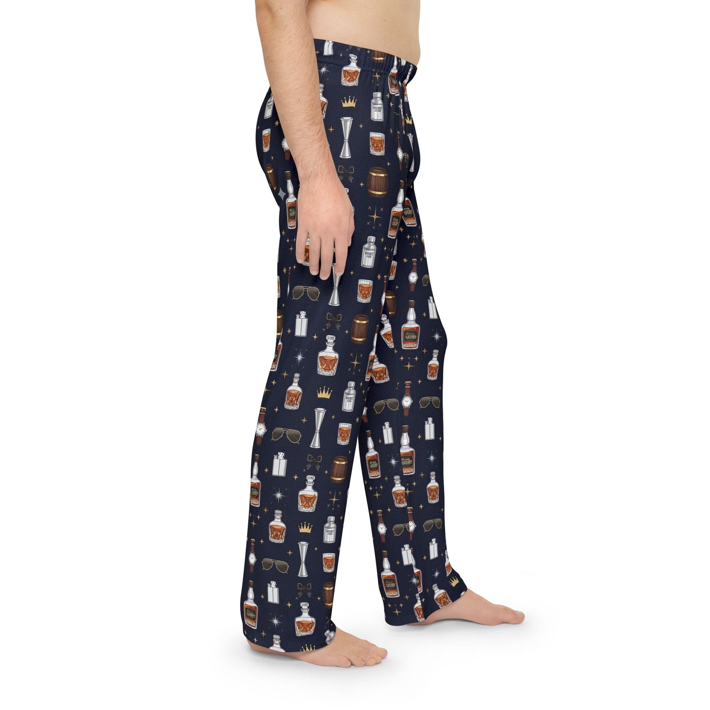 Whiskey Nightmen Pajama Pants — Men's All-Over Print Lounge Pants with Bottle & Glass Pattern