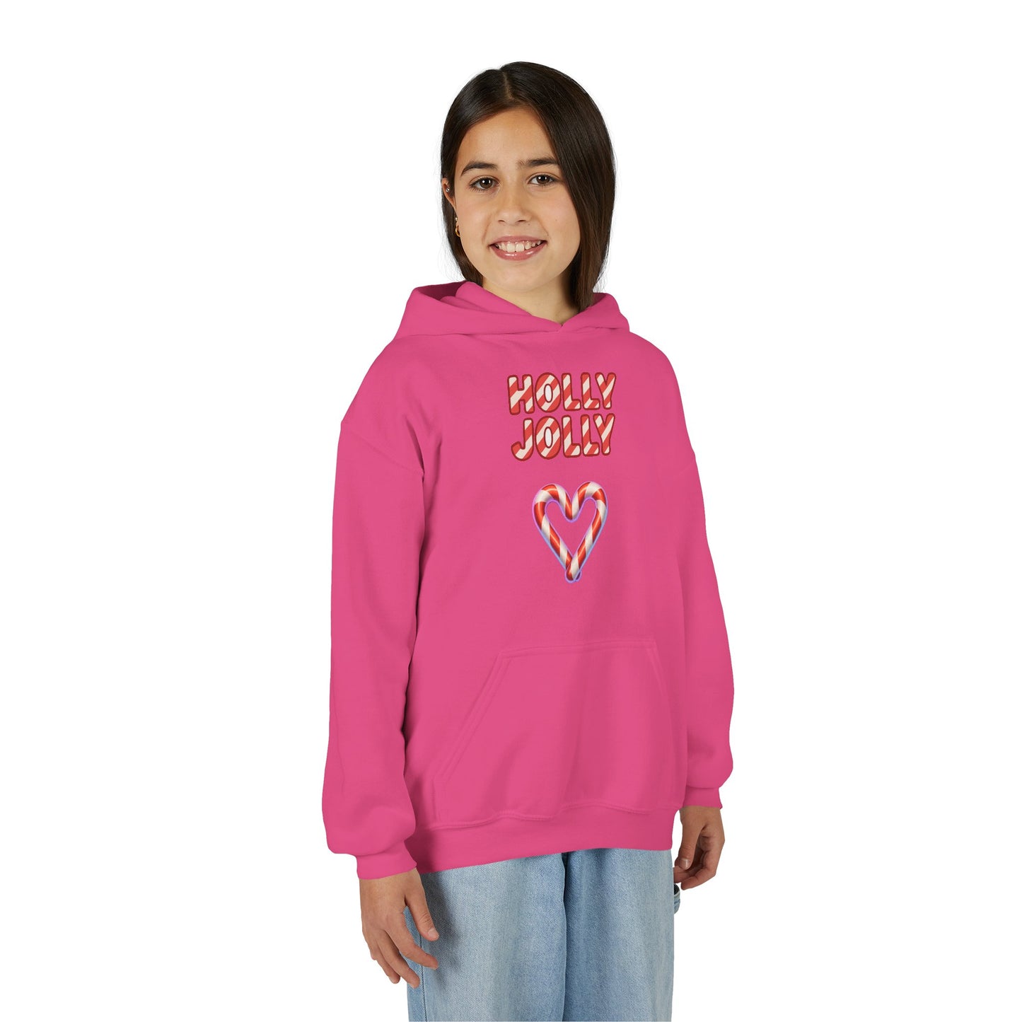 Youth Hoodie — "Holly Jolly" Candy Cane Heart Christmas Sweatshirt