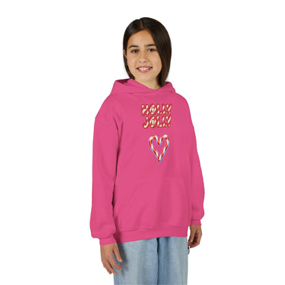 Youth Hoodie — "Holly Jolly" Candy Cane Heart Christmas Sweatshirt
