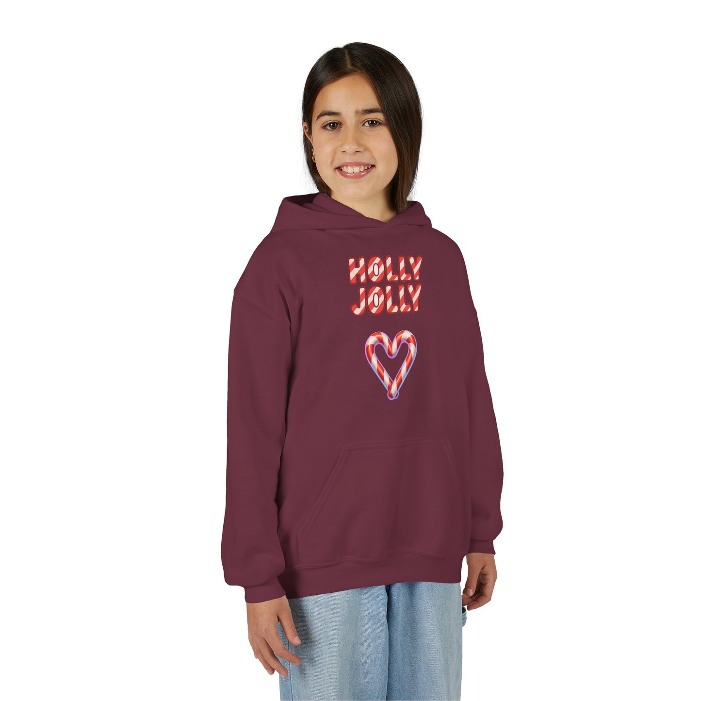 Youth Hoodie — "Holly Jolly" Candy Cane Heart Christmas Sweatshirt