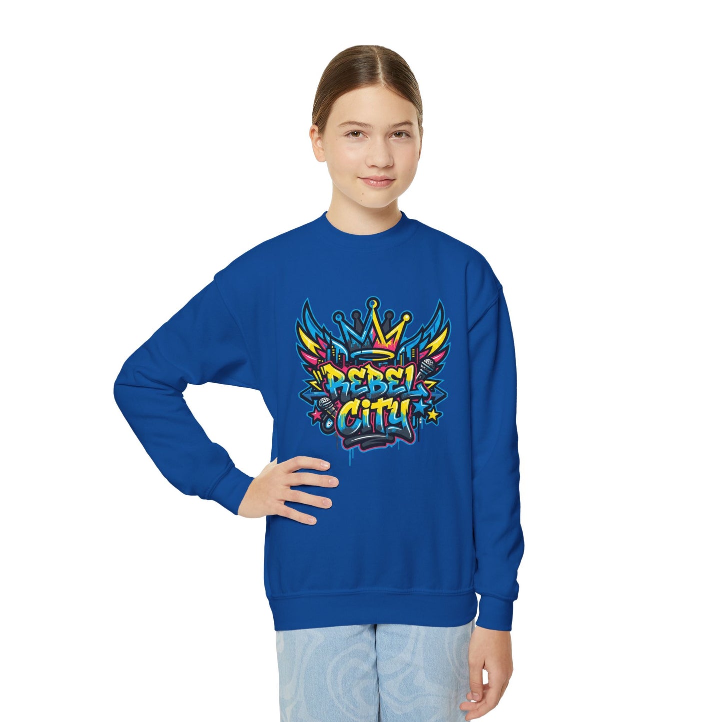 Youth Crewneck spray paint style- Sweatshirt - Colorful Rebel City Graffiti Crown Design