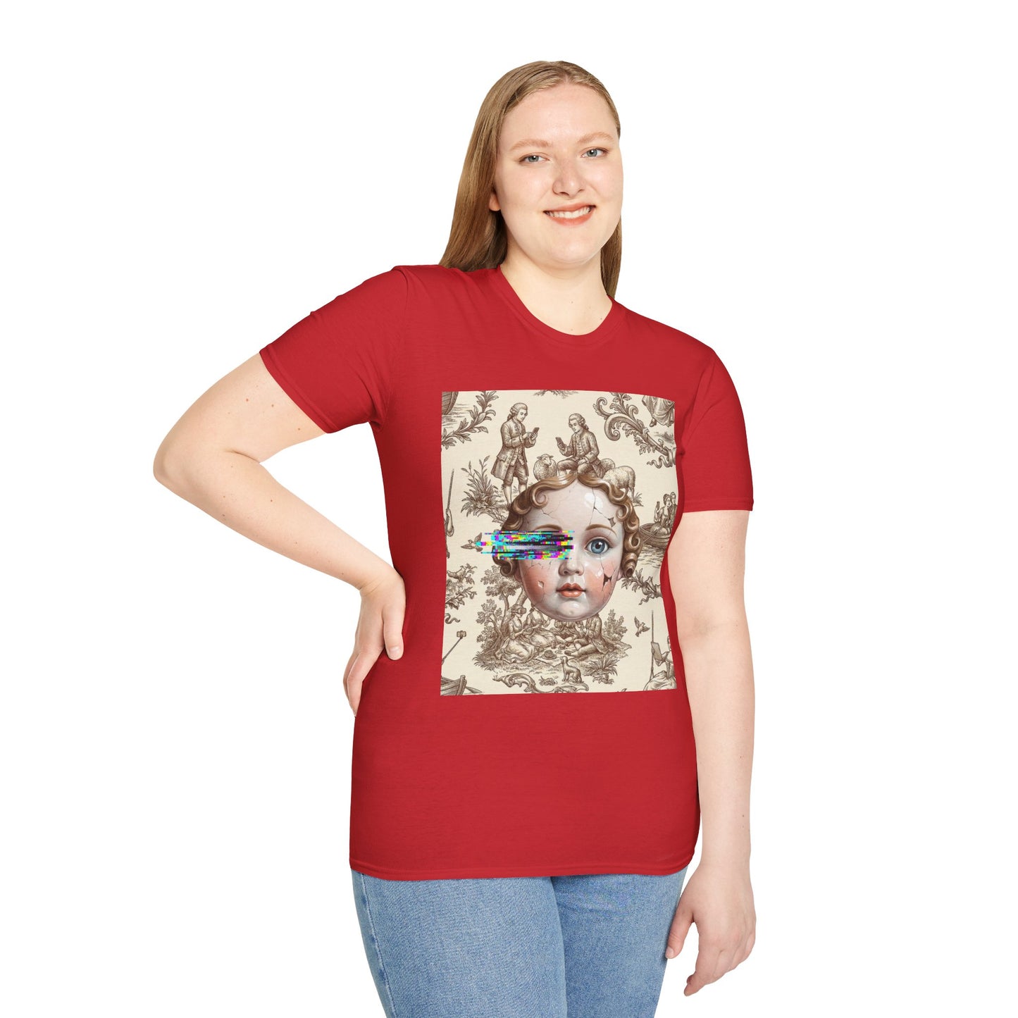 Vintage Doll Face Tee with Glitch Paint Splash