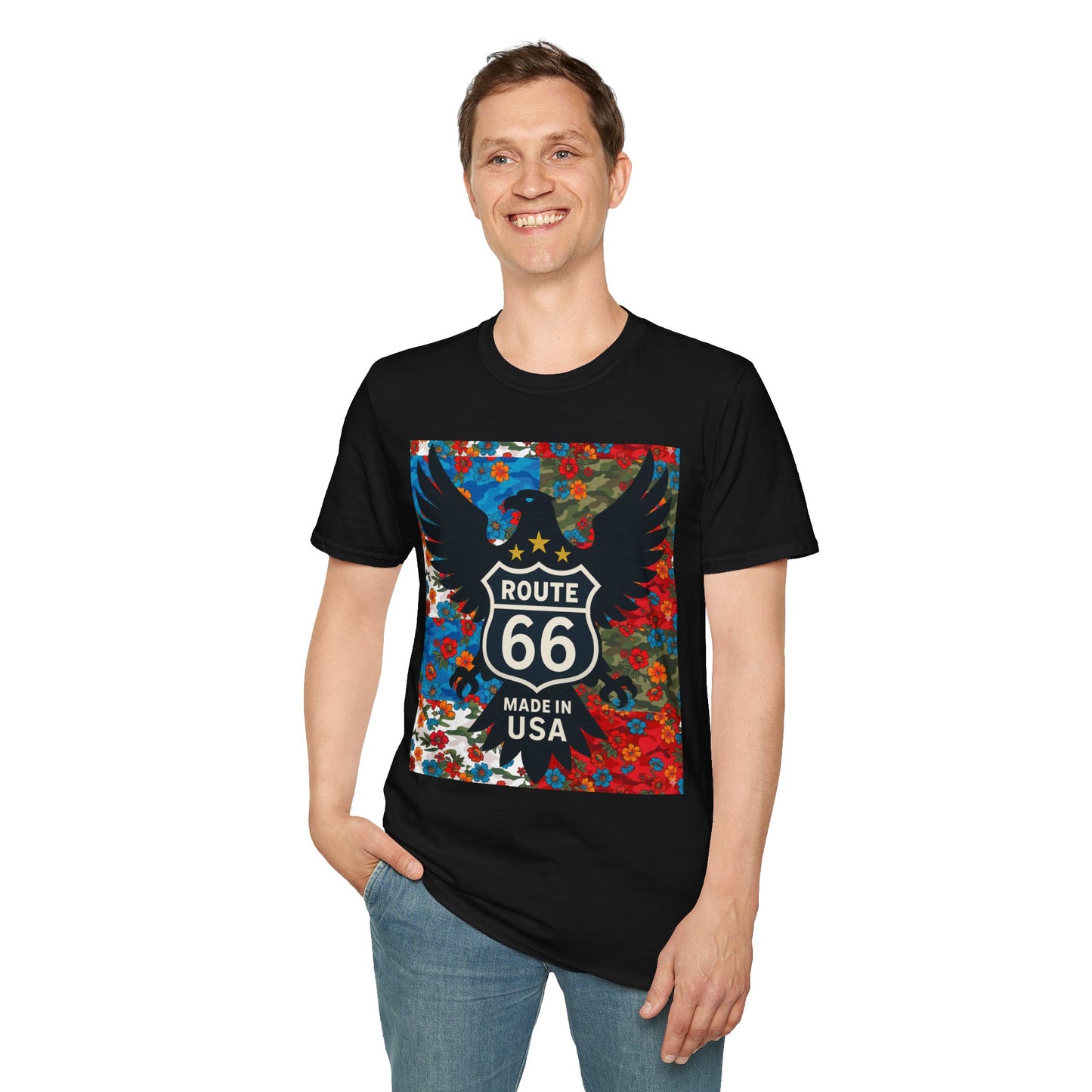 Route 66 Made in USA T-Shirt — Vintage Eagle Floral Roadtrip Tee- camo flower combo T-shirt