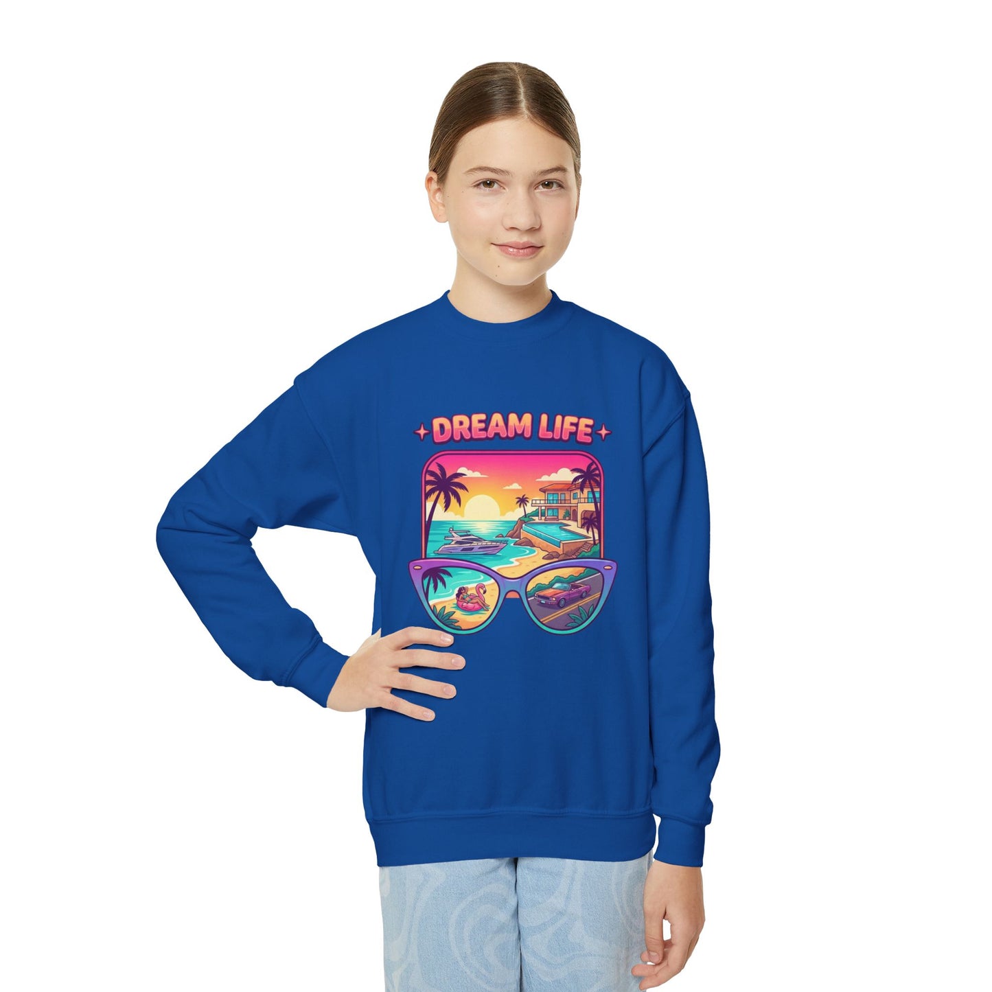 Girls Youth Crewneck Sweatshirt - "Dream Life" Tropical Sunset Graphic