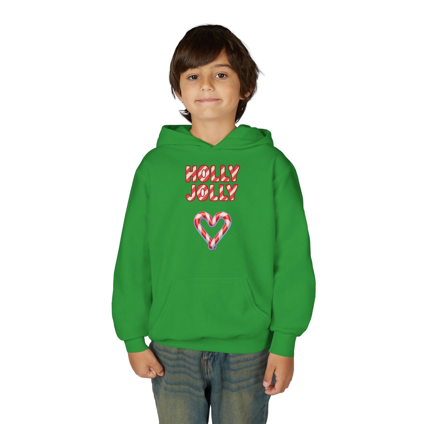 Youth Hoodie — "Holly Jolly" Candy Cane Heart Christmas Sweatshirt