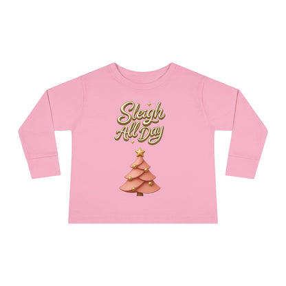 Sleigh All Day Toddler Long Sleeve Tee — Cute Pink Christmas Tree Holiday Shirt