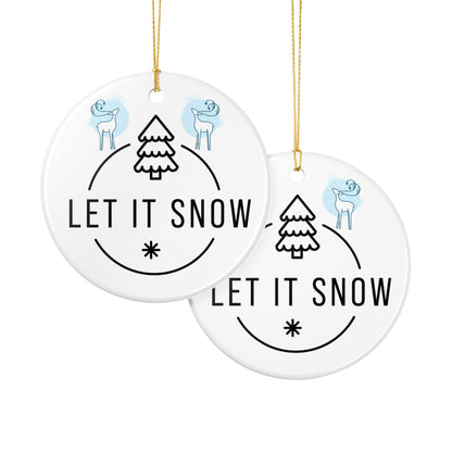 Let It Snow Ceramic Ornament — Blue Holiday Tree & Reindeer Decoration