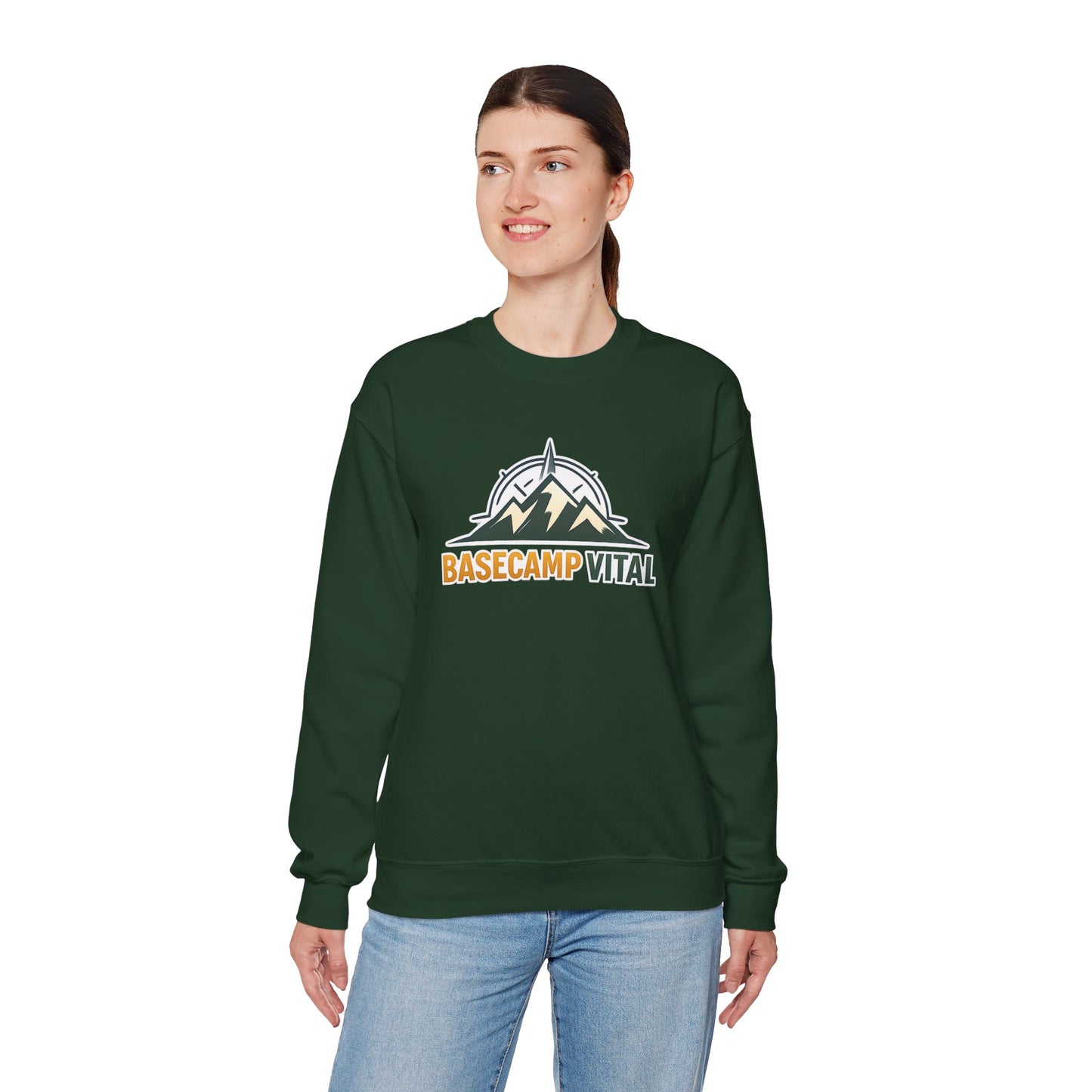 Base Camp Vital Mountain Embroidered Crewneck Sweatshirt | Cozy Hiking & Camping Pullover | 50/50 Midweight  Vital Mountain Crewneck Sweatshirt — Outdoor Adventure Logo Pullover (free shipping)