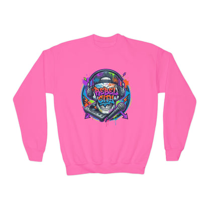 Youth Crewneck Sweatshirt — Neon spray paint rebel Skull 'Rebel With A Cause' Graphic