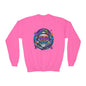 Youth Crewneck Sweatshirt — Neon spray paint rebel Skull 'Rebel With A Cause' Graphic