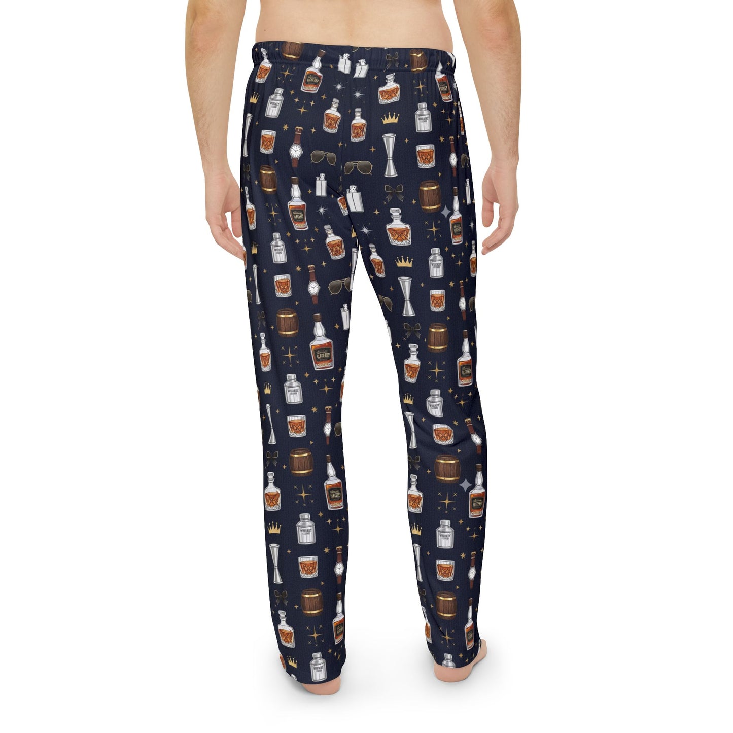 Whiskey Nightmen Pajama Pants — Men's All-Over Print Lounge Pants with Bottle & Glass Pattern