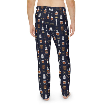 Whiskey Nightmen Pajama Pants — Men's All-Over Print Lounge Pants with Bottle & Glass Pattern
