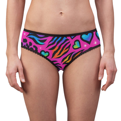 90s bright rainbow sticker animal-print pattern (leopard + zebra + tiger), neon colors, sparkles, hearts, seamless repeat tile Women's Briefs — Colorful Rainbow Zebra Print