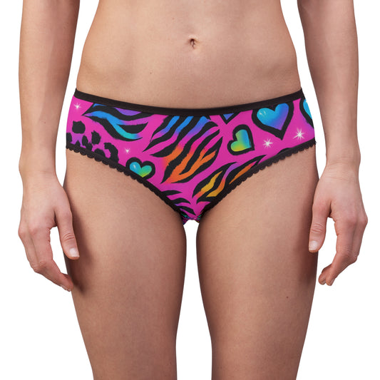 90s bright rainbow sticker animal-print pattern (leopard + zebra + tiger), neon colors, sparkles, hearts, seamless repeat tile Women's Briefs — Colorful Rainbow Zebra Print