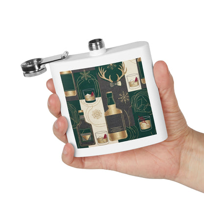 Whiskey Night Stainless Steel Flask — 6oz Holiday Spirits Design ( free shipping)
