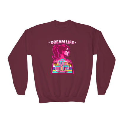“Dream Life” girls “Barbie style” Youth Crewneck Sweatshirt — Retro Sunset Girl Graphic