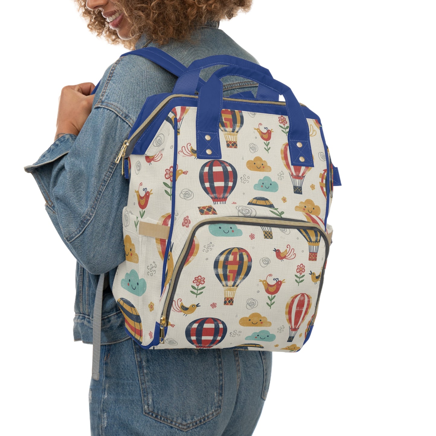 Boho- Hot Air Balloon Baby Diaper Backpack — Multifunctional Nappy Bag with Playful Clouds & Birds