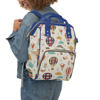 Boho- Hot Air Balloon Baby Diaper Backpack — Multifunctional Nappy Bag with Playful Clouds & Birds