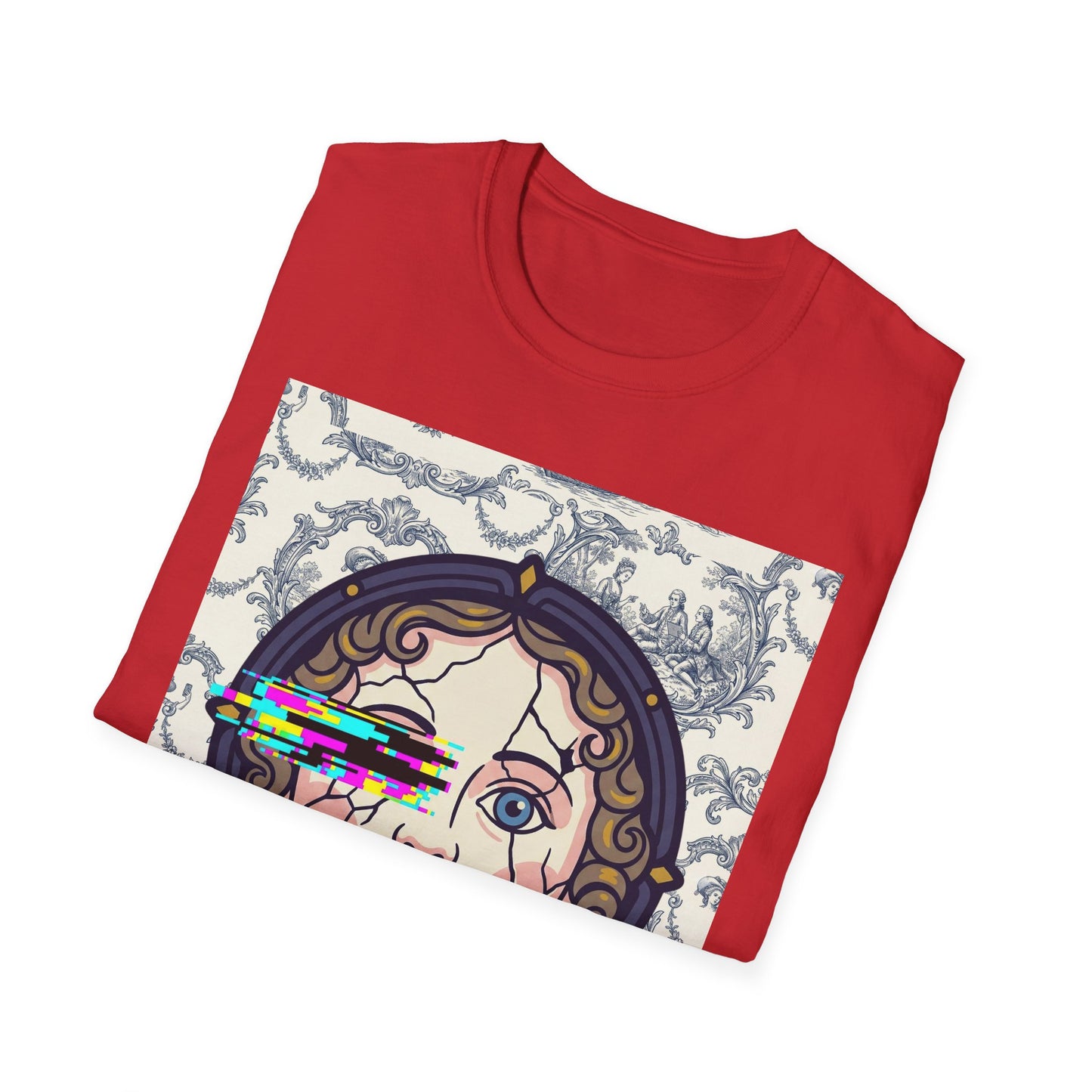 Glitch retro cracked porcelain doll face- Rococo Smartphone Toile - T-Shirt — Retro Mythology Art Tee