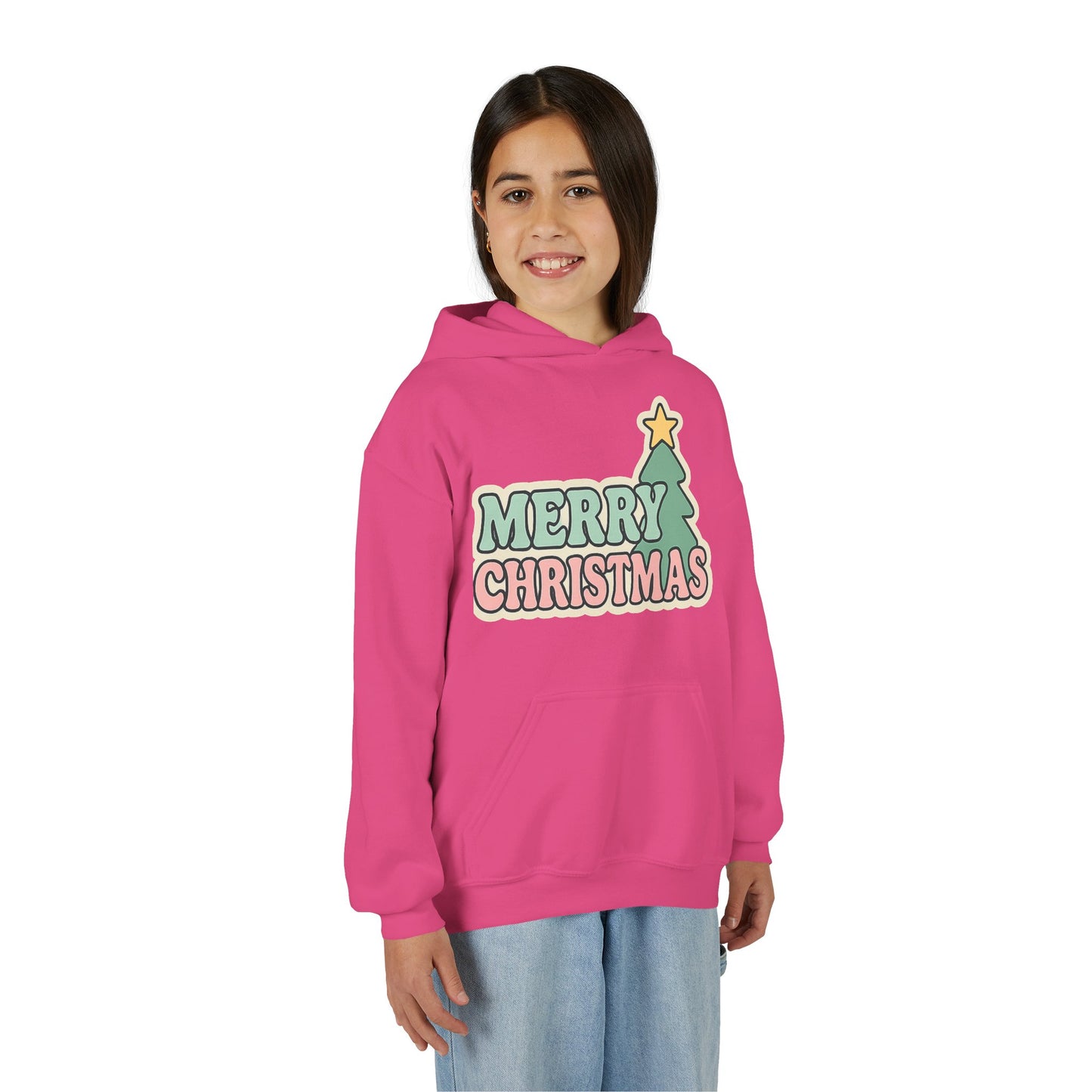 Kids youth Merry Christmas Hoodie — Pastel Tree Holiday Pullover