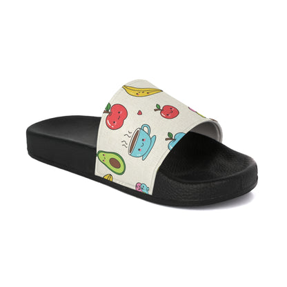 Women's Slide Sandals Whimsical Foodie Doodles / Cute Snack Attack
