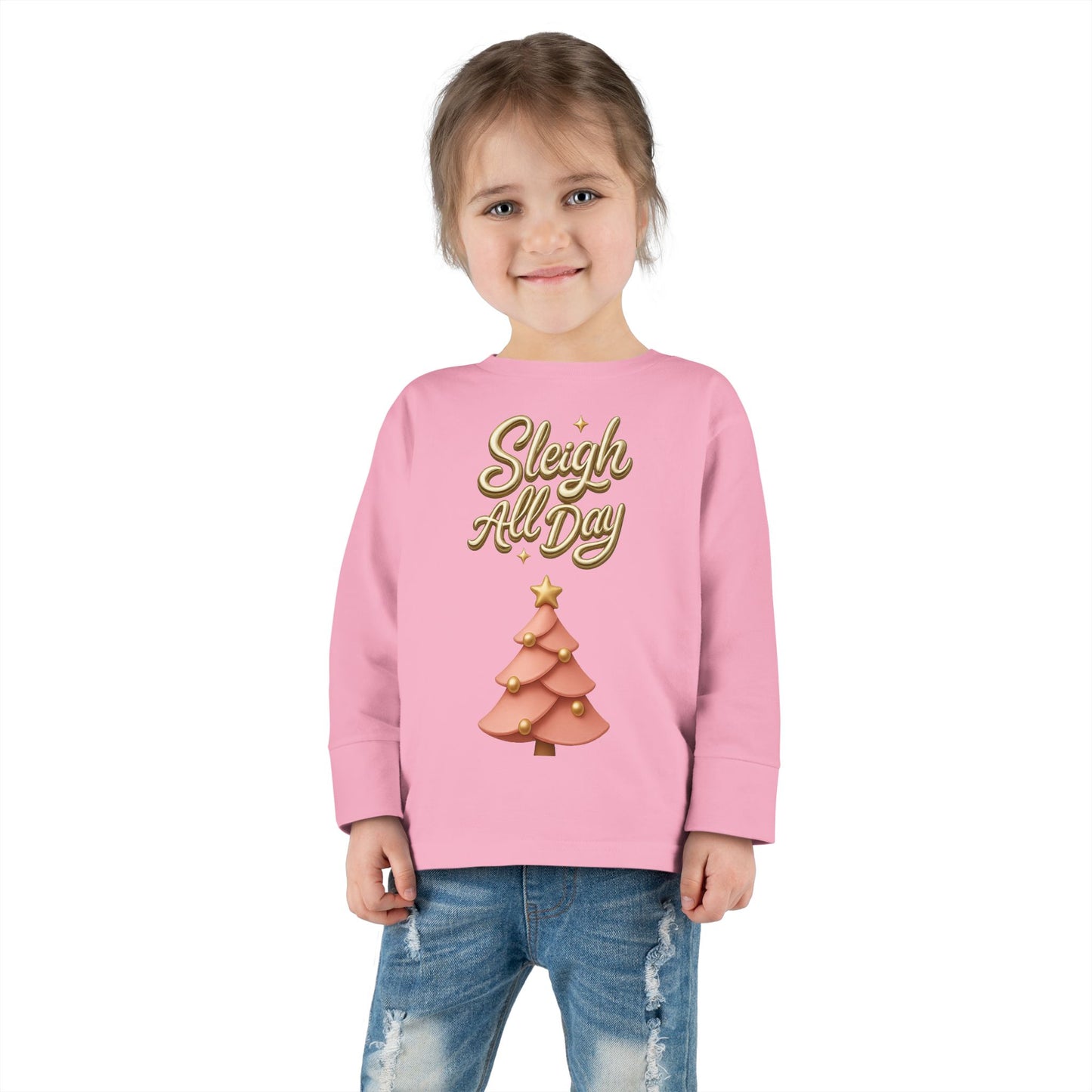 Sleigh All Day Toddler Long Sleeve Tee — Cute Pink Christmas Tree Holiday Shirt