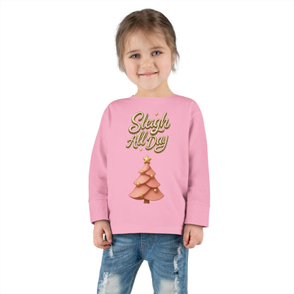 Sleigh All Day Toddler Long Sleeve Tee — Cute Pink Christmas Tree Holiday Shirt