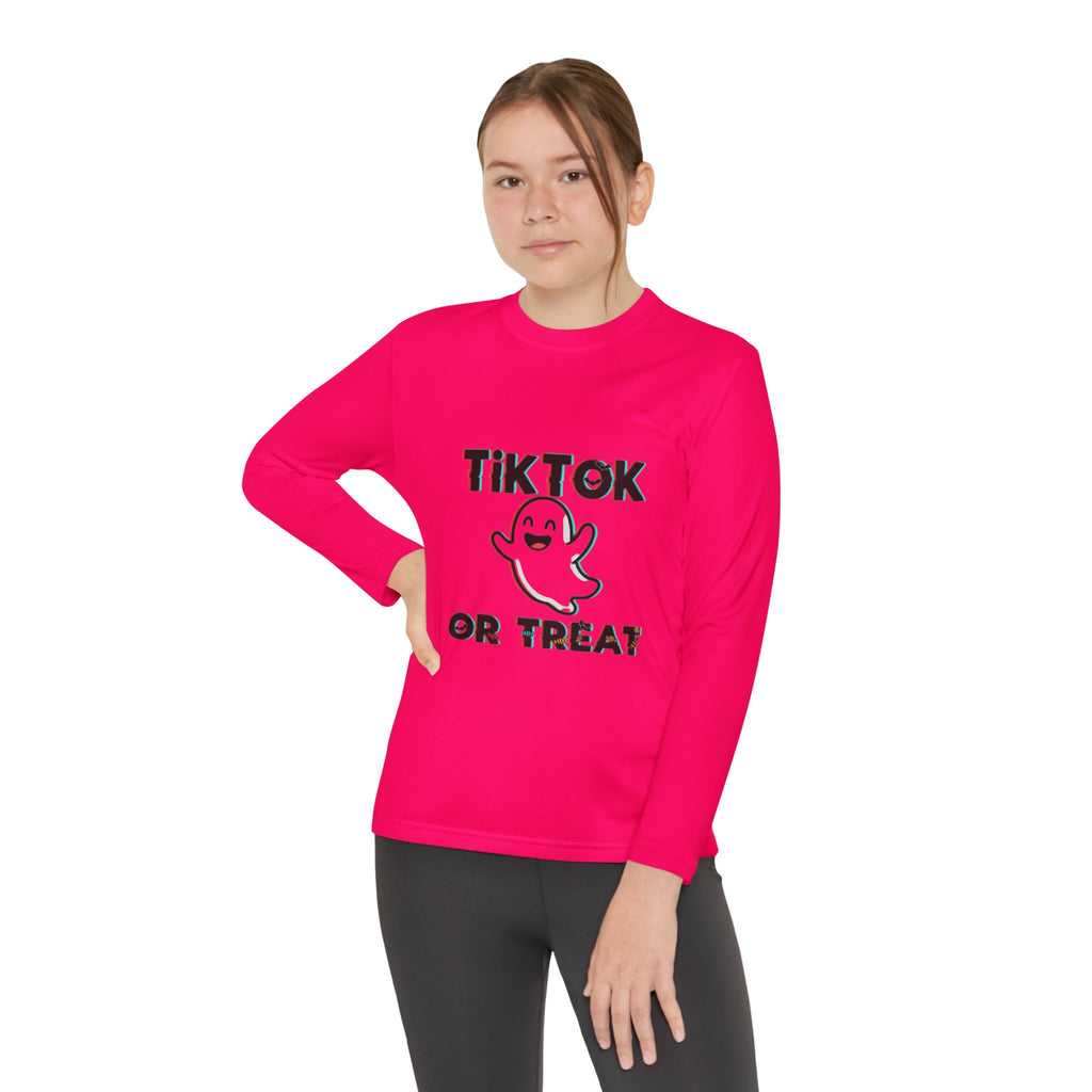 TikTok Halloween Long Sleeve Tee, Youth Costume Shirt, Spooky Apparel, Trick or Treat Top, Youth Ghost Halloween Shirt