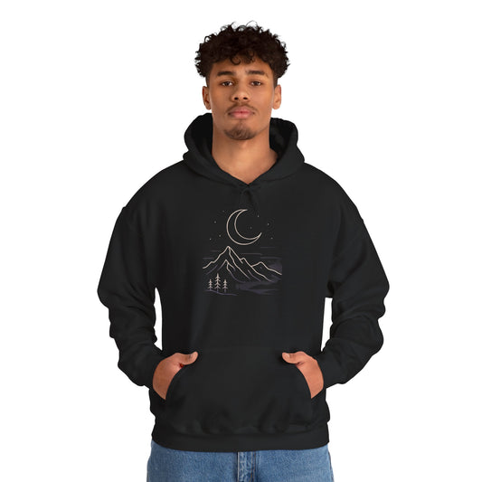 Mountain Moonline Hoodie — base camp vital gear- Minimal Crescent & Peaks Graphic Sweatshirt