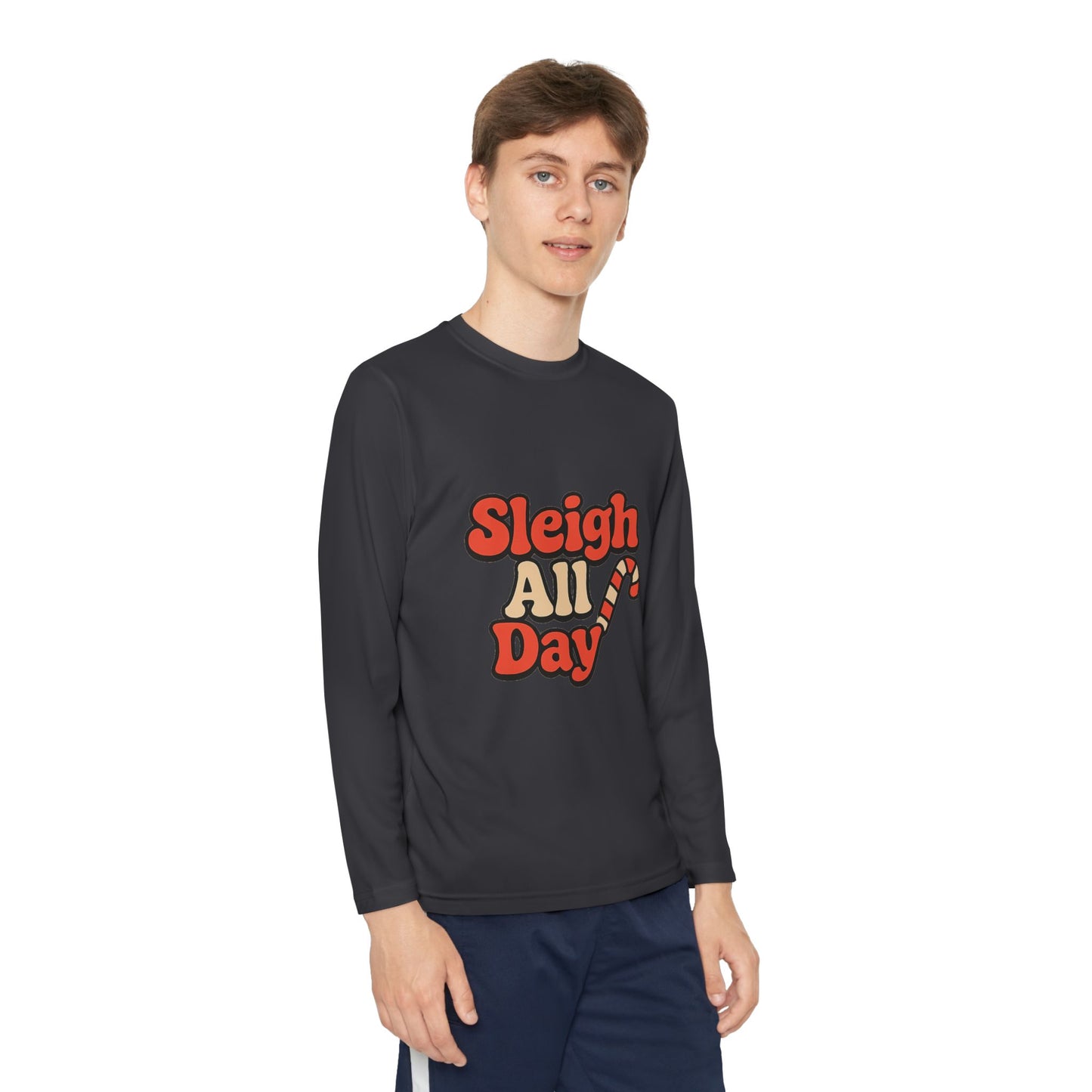 Youth Long Sleeve Tee — "Sleigh All Day" Christmas Candy Cane Holiday Shirt