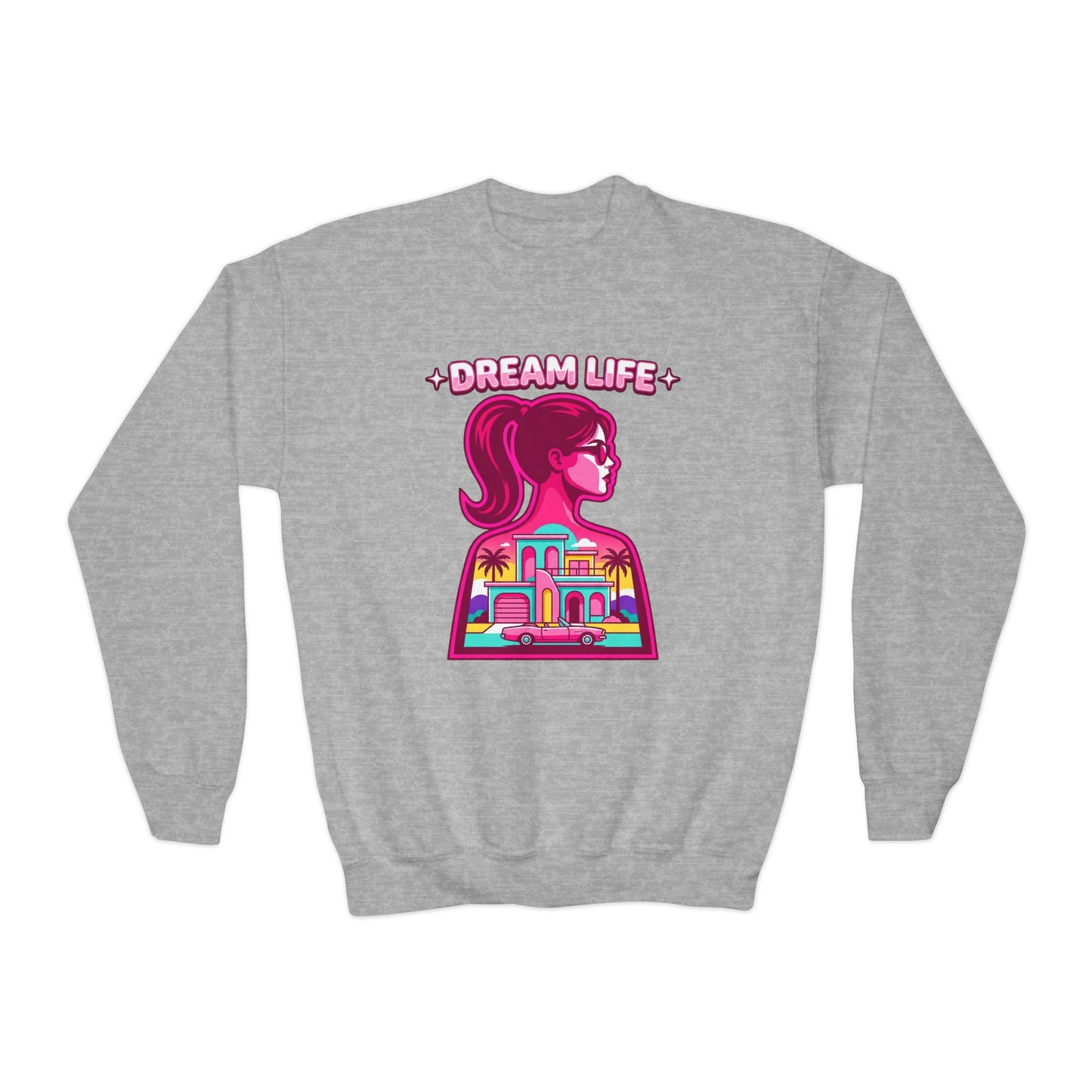 “Dream Life” girls “Barbie style” Youth Crewneck Sweatshirt — Retro Sunset Girl Graphic