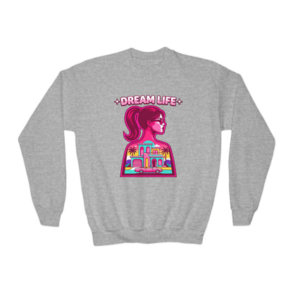 “Dream Life” girls “Barbie style” Youth Crewneck Sweatshirt — Retro Sunset Girl Graphic