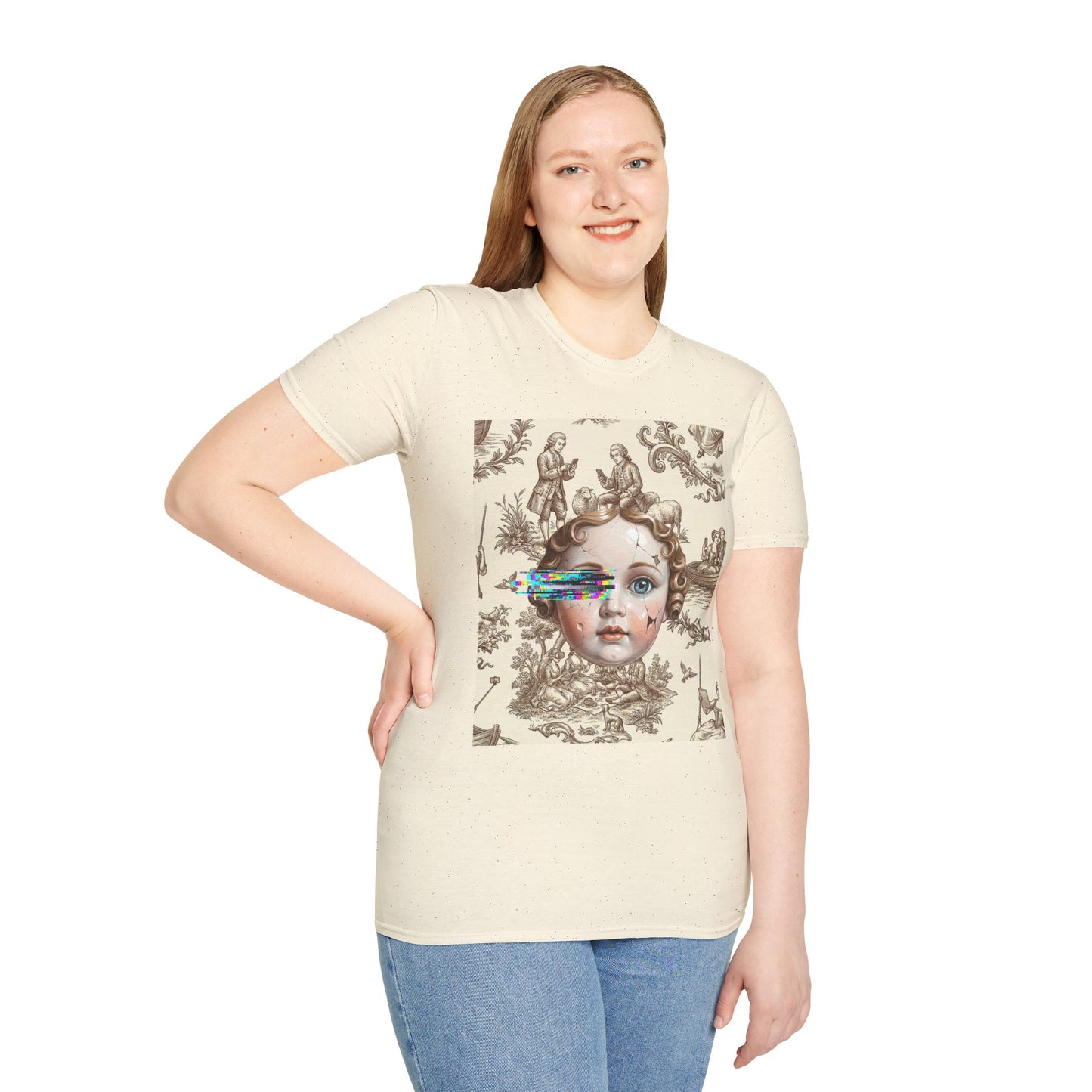 Vintage Doll Face Tee with Glitch Paint Splash
