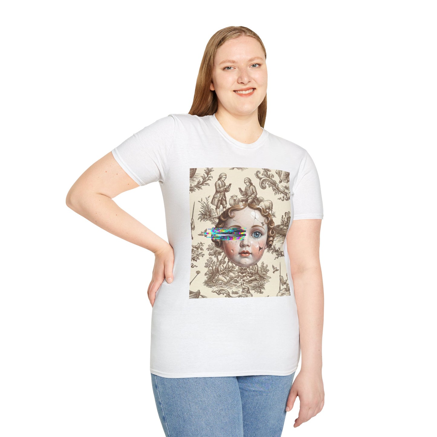 Vintage Doll Face Tee with Glitch Paint Splash