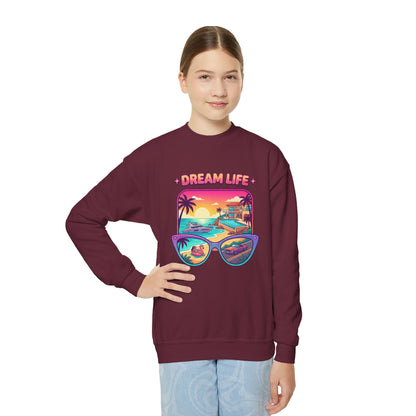 Girls Youth Crewneck Sweatshirt - "Dream Life" Tropical Sunset Graphic