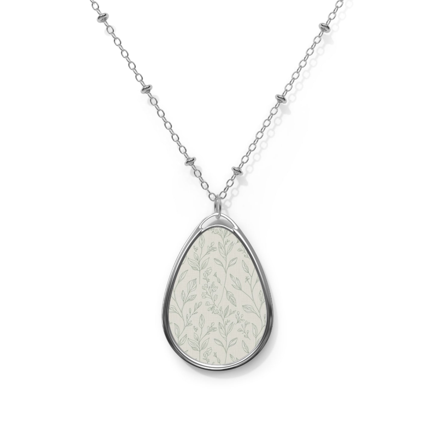 Oval Teardrop Pendant Necklace — Sterling Silver Floral Inlay