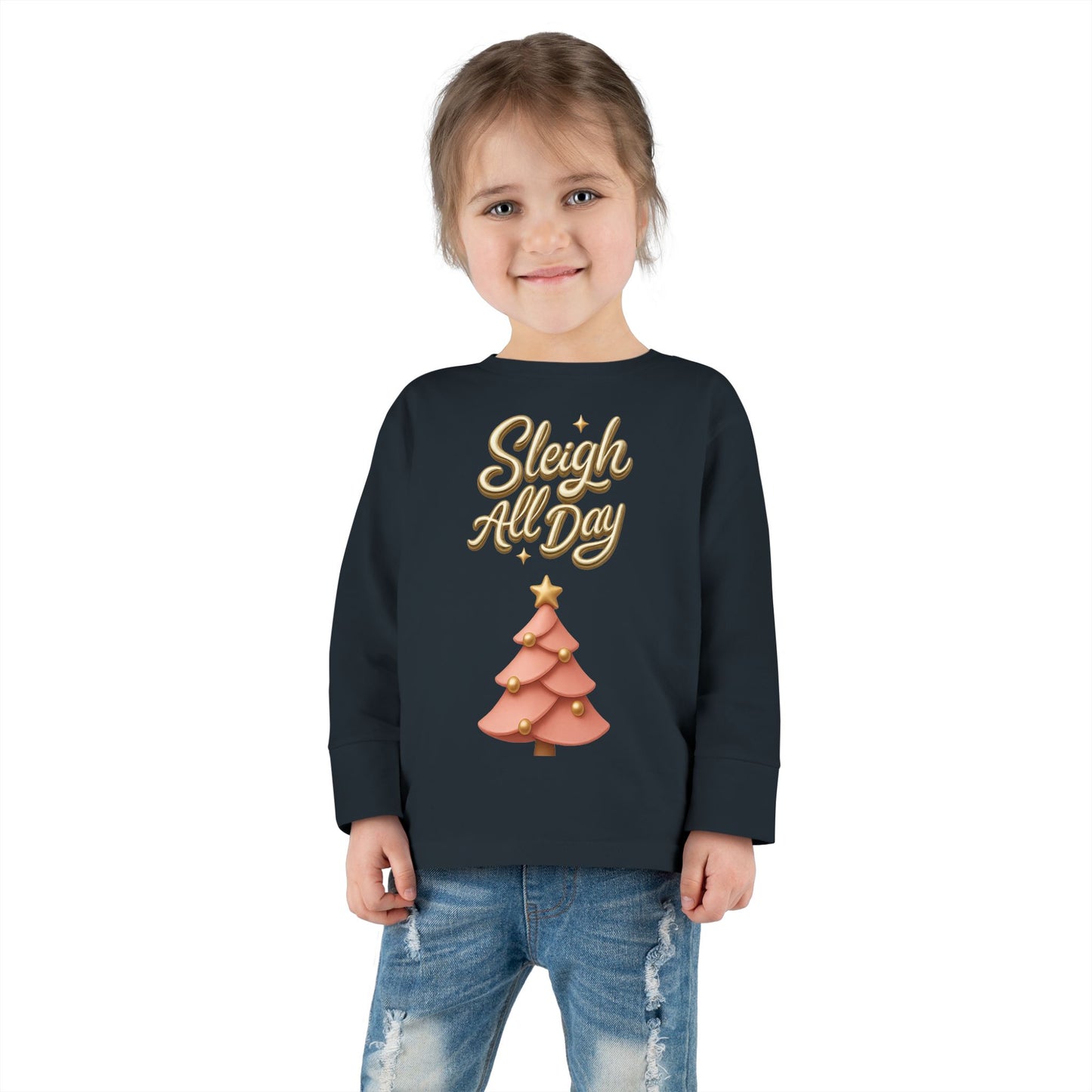 Sleigh All Day Toddler Long Sleeve Tee — Cute Pink Christmas Tree Holiday Shirt