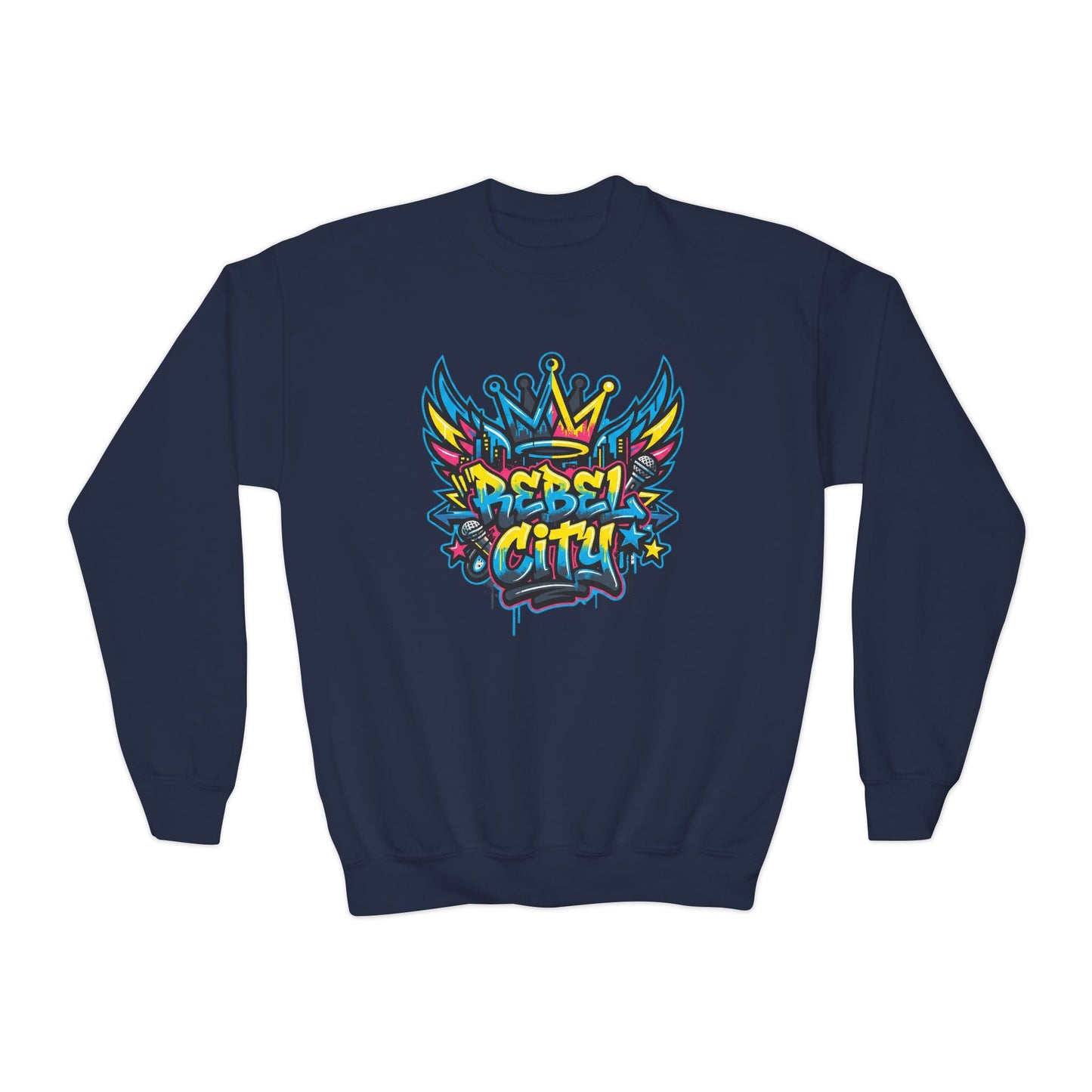 Youth Crewneck spray paint style- Sweatshirt - Colorful Rebel City Graffiti Crown Design