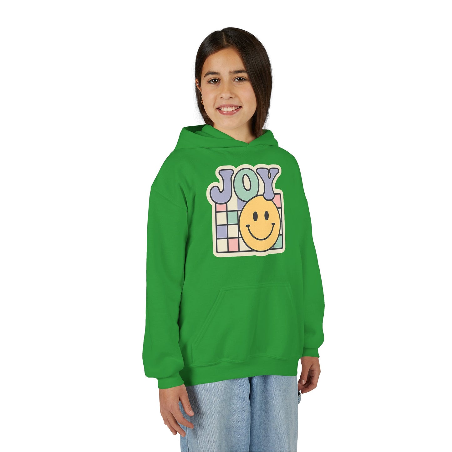 Girls Youth Hoodie – Retro 'JOY' Smiley Graphic Kids Sweatshirt