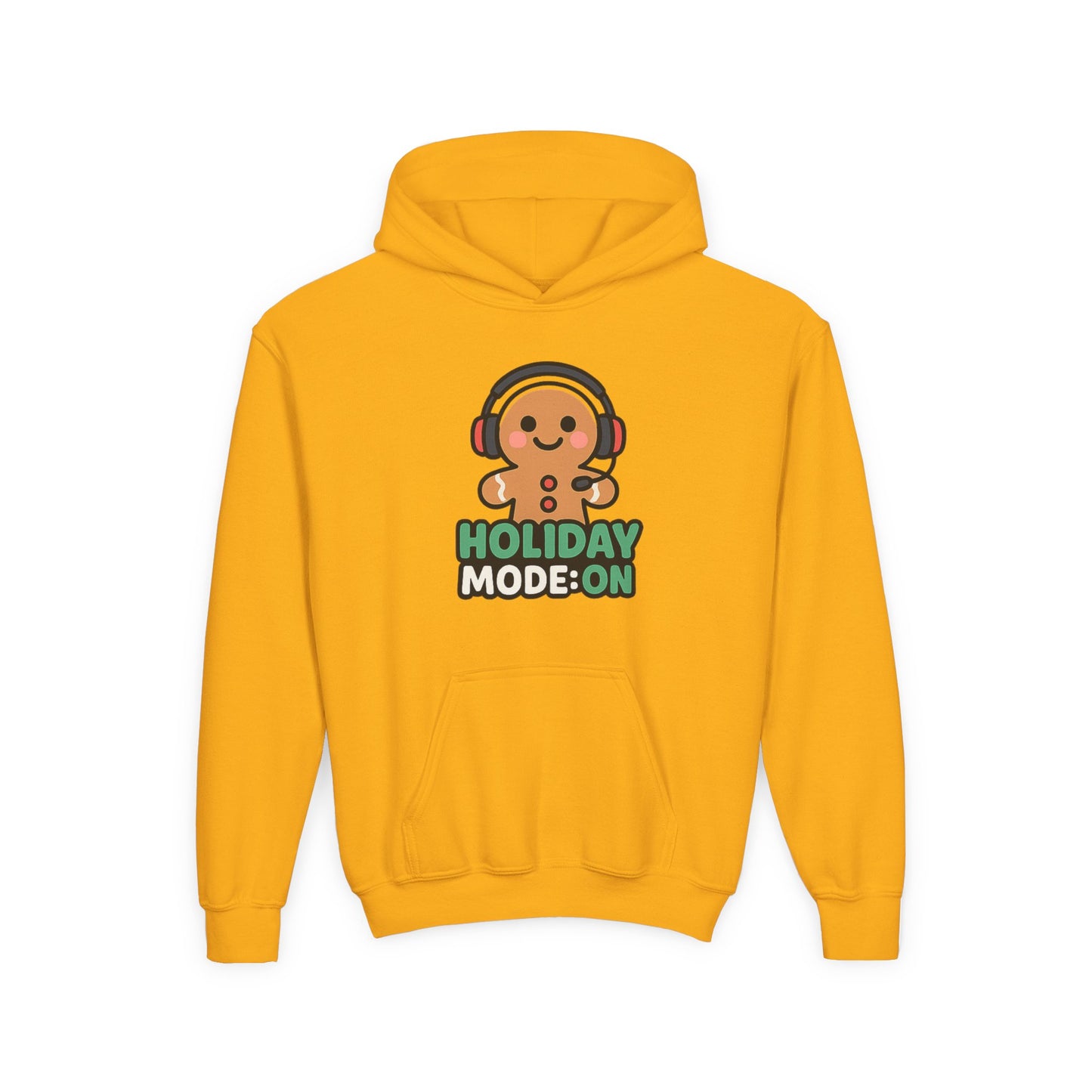 Youth Hoodie — 'Holiday Mode On' Gingerbread Headphone Christmas Sweatshirt