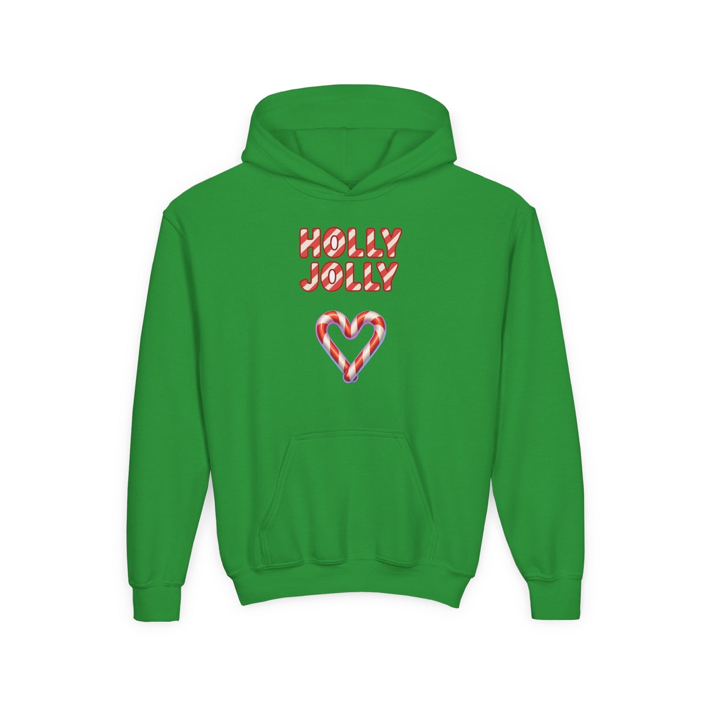 Youth Hoodie — "Holly Jolly" Candy Cane Heart Christmas Sweatshirt