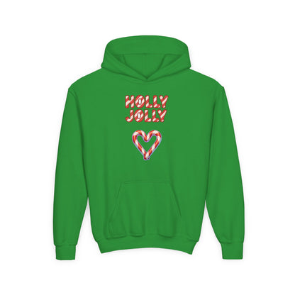 Youth Hoodie — "Holly Jolly" Candy Cane Heart Christmas Sweatshirt