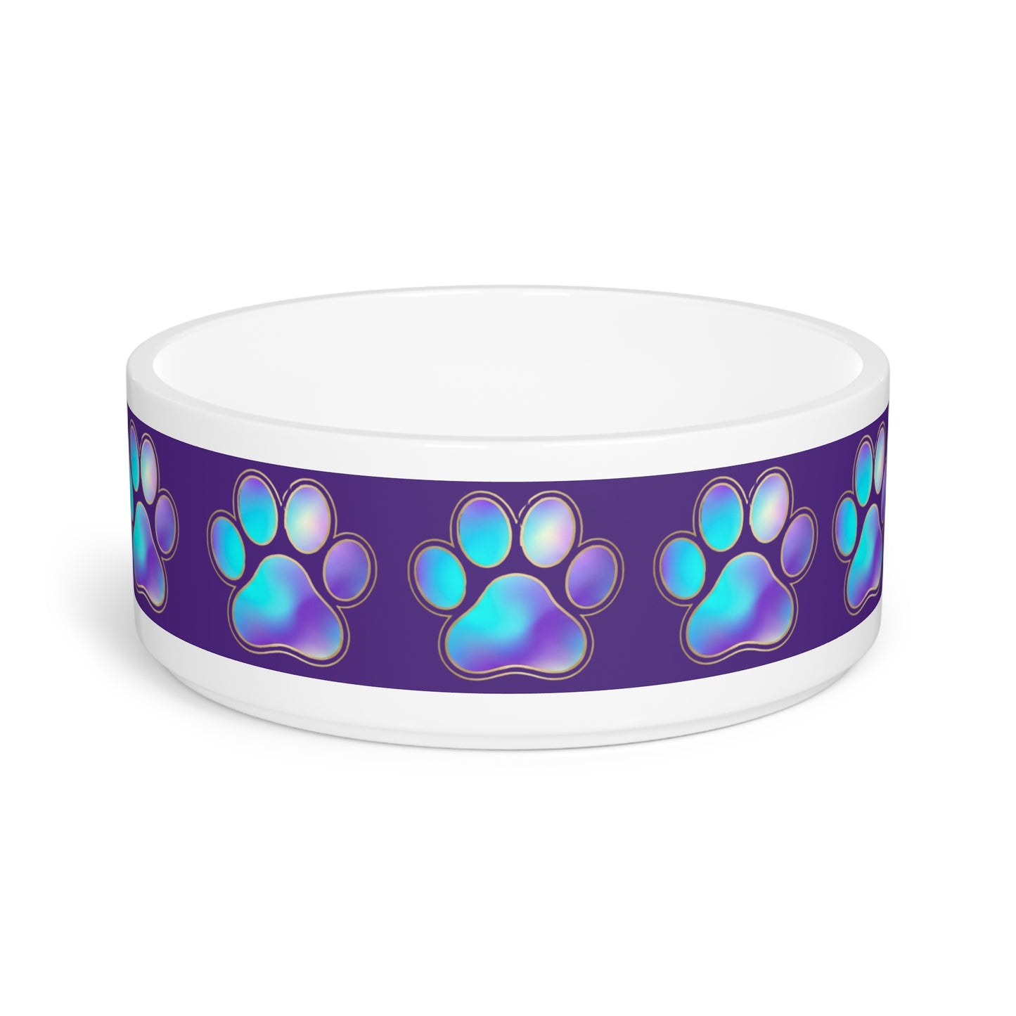 Paw Print Ceramic Pet Bowl — Iridescent Blue Purple Paw Pattern