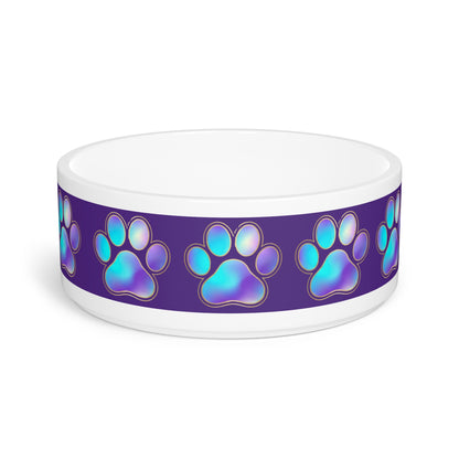 Paw Print Ceramic Pet Bowl — Iridescent Blue Purple Paw Pattern