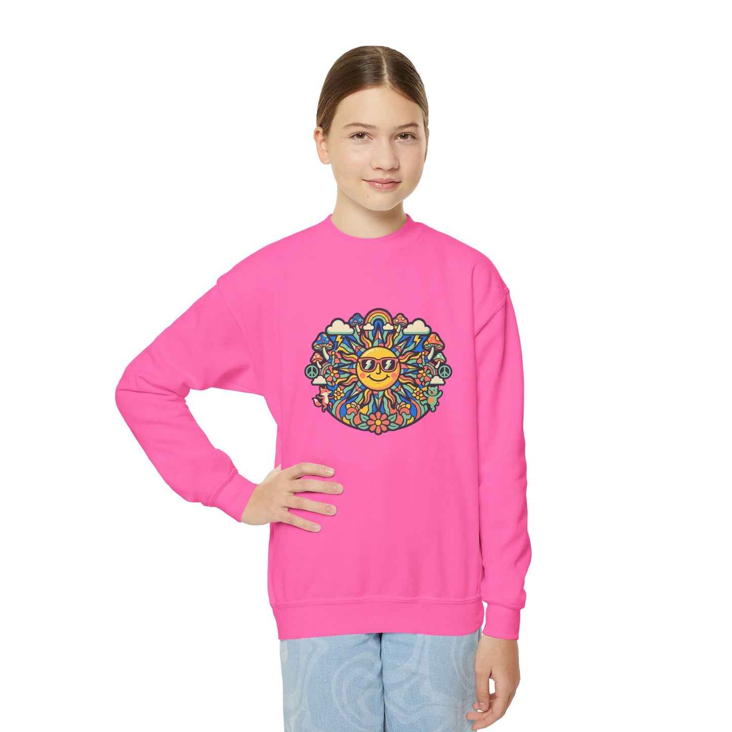 Youth Y2K Aesthetic - Crewneck Sweatshirt — Colorful Retro Sun & Floral Graphic