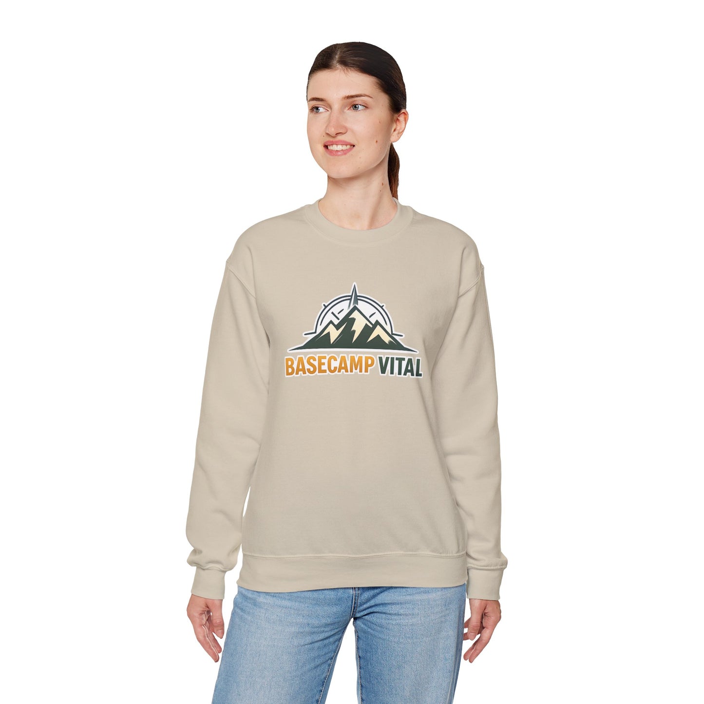 Base Camp Vital Mountain Embroidered Crewneck Sweatshirt | Cozy Hiking & Camping Pullover | 50/50 Midweight  Vital Mountain Crewneck Sweatshirt — Outdoor Adventure Logo Pullover (free shipping)
